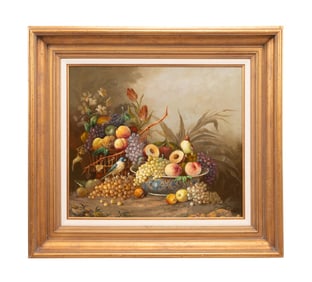 JEANNINE ALBERT STILL LIFE WITH FRUIT & BIRDS O/C