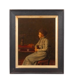 ZENO ALEXANDER, WOMAN AT DESK, OIL ON WOOD