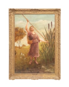 19TH CENTURY WOMAN FISHING OIL ON CANVAS