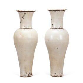 PAIR FRENCH DISTRESSED FLOOR VASES, C. 1950