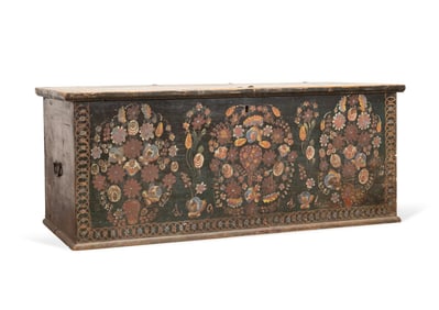 ANTIQUE POLYCHROME PAINTED PINE WEDDING CHEST
