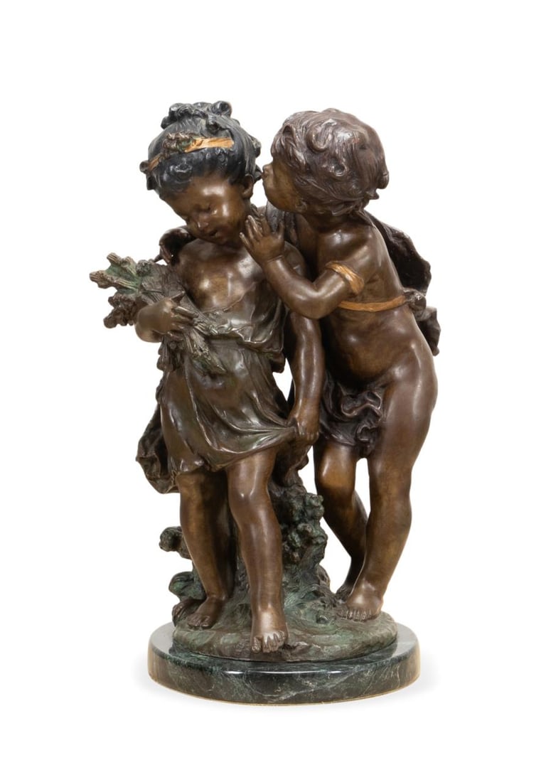 BRONZE SCULPTURE 'UN SECRET', AFTER AUGUSTE MOREAU: After Louis Auguste Moreau (French,1834-1917). "Un Secret", set on a verde antico marble plinth, signed "Auguste Moreau" to base, and has a circular Paris foundry mark. Provenance: Private Collection