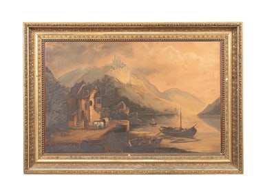 L. 19TH C. CONTINENTAL MOUNTAIN VILLAGE SCENE O/C