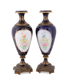 PAIR SEVRES STYLE COBALT & GILT FIGURAL SCENE URNS