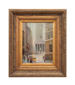 T.E. PENCKE WALL STREET SCENE OIL ON CANVAS