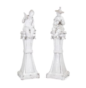 PAIR OF LARGE CHINOISERIE FIGURES ON PEDESTALS