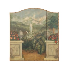 LANDSCAPE & CRANE MOTIF PAINTED FOUR PANEL SCREEN
