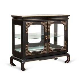 CHINOISERIE BLACK & GILT GLASS DOOR SMALL VITRINE
