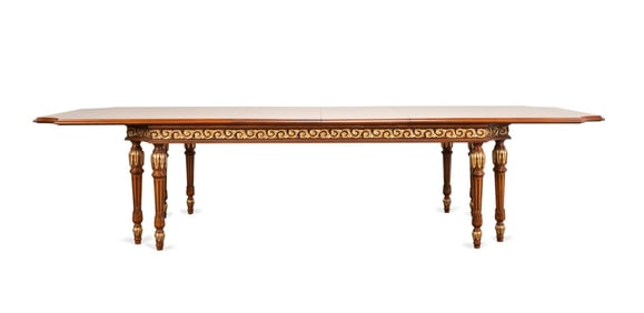 NEOCLASSICAL STYLE BURL DINING TABLE & TWO LEAVES