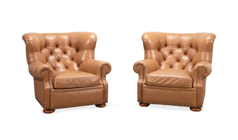 PAIR RALPH LAUREN STYLE TAN LEATHER CLUB CHAIRS