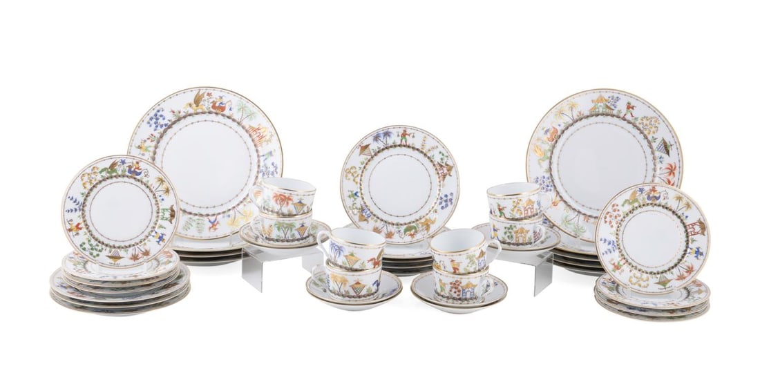 TIFFANY & CO. 'CIRQUE CHINOIS' SERVICE FOR 8: Tiffany & Co.(American, founded 1837), private stock Atelier Le Tallec (French, 1930-2014). 41 piece "Cirque Chinois" (pattern introduced 2001) service for 8 comprising, 9 dinner plates (dia. 10.25"),
