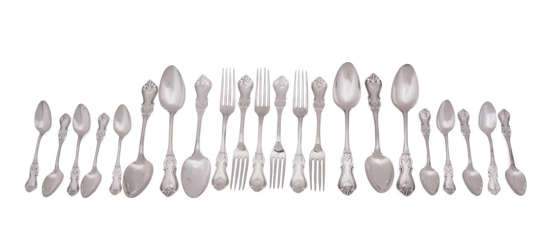 22 PIECES OF AMERICAN COIN SILVER FLATWARE: John Cook (American (New York, NY), active 1855-1880). Set of 22 pieces of coin silver flatware comprising, 6 forks (7.75"), 6 tablespoons (8.25"), and 10 teaspoons (5.75"), all marked appropriately.