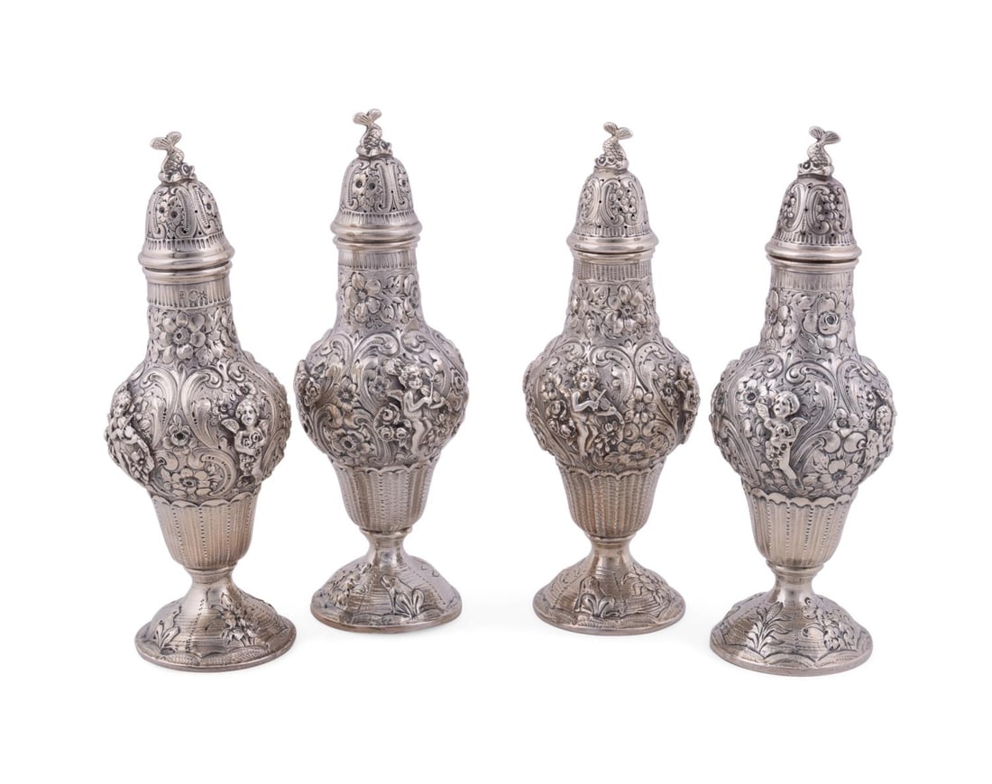 SET OF FOUR ROCOCO STYLE STERLING SILVER CASTERS (1 of 8)