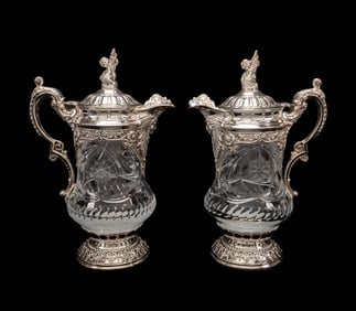 PAIR OF TOPAZIO SILVERPLATE & CRYSTAL CLARET JUGS