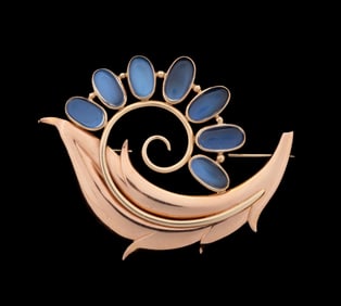 GEORG JENSEN MOONSTONE 14K YG LEAF NO. 200 BROOCH