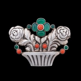 GEORG JENSEN CHRYSOPRASE & CARNELIAN FLORAL PIN