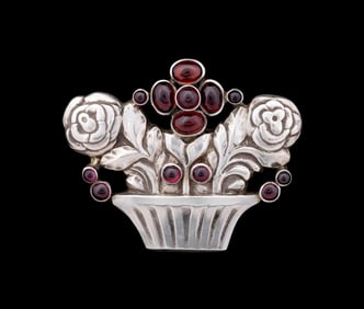GEORG JENSEN GARNET CABOCHON FLORAL SILVER BROOCH