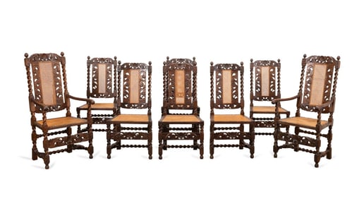 8 CARVED OAK JACOBEAN REVIVAL DINING CHAIRS