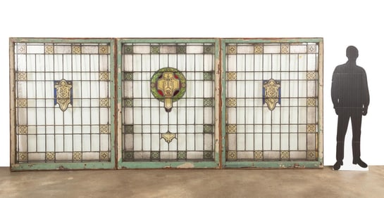 SET OF THREE LARGE STAINED-GLASS PANELS, C. 1900