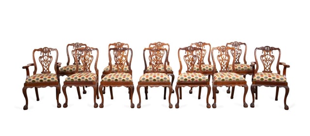 SET OF 12 CHIPPENDALE STYLE MAHOGANY DINING CHAIRS