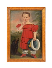 19TH C. AMERICAN SCHOOL GIRL WITH DOG O/C