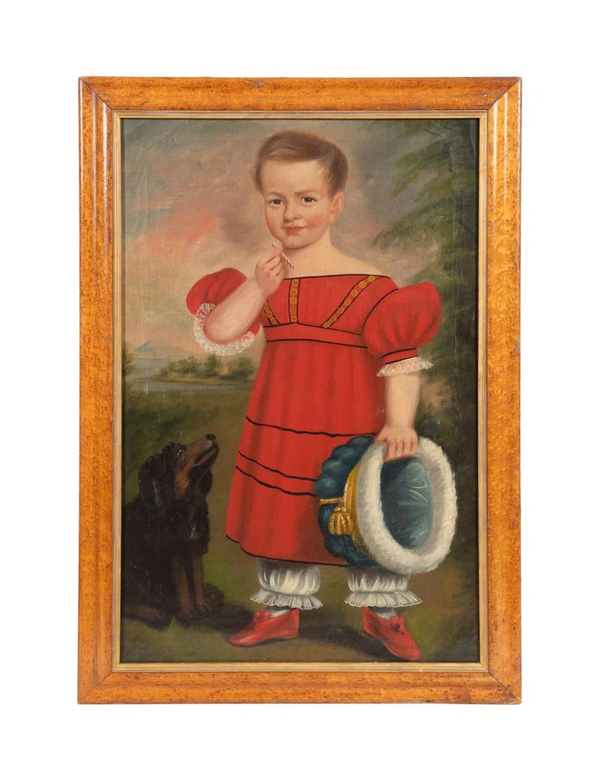 19TH C. AMERICAN SCHOOL GIRL WITH DOG O/C (1 of 5)