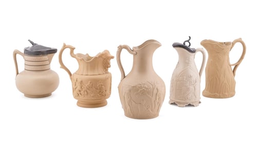 19TH C., FIVE ENGLISH SALT GLAZED JUGS