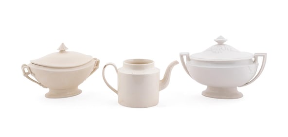 TWO CREAMWARE TUREENS AND AN OVERSIZED TEAPOT