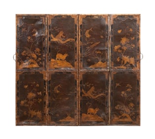 LEATHER CHINOISERIE 4-PANEL SCREEN, C. 1920