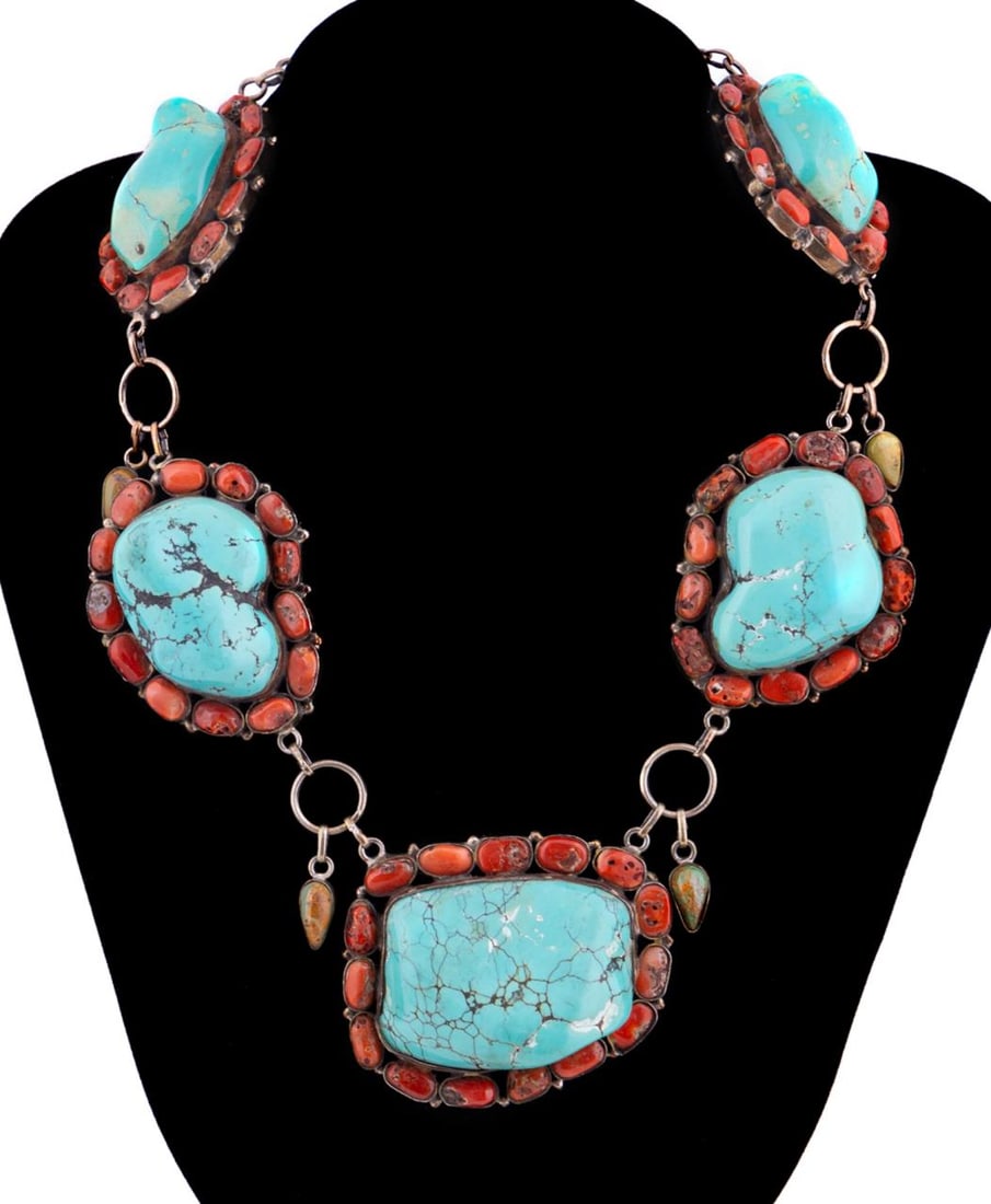 TIBETAN TURQUOISE & CORAL SILVER NECKLACE (1 of 5)