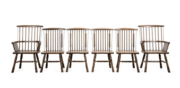 SET, 6 WINDSOR STYLE ELM FARMHOUSE DINING CHAIRS