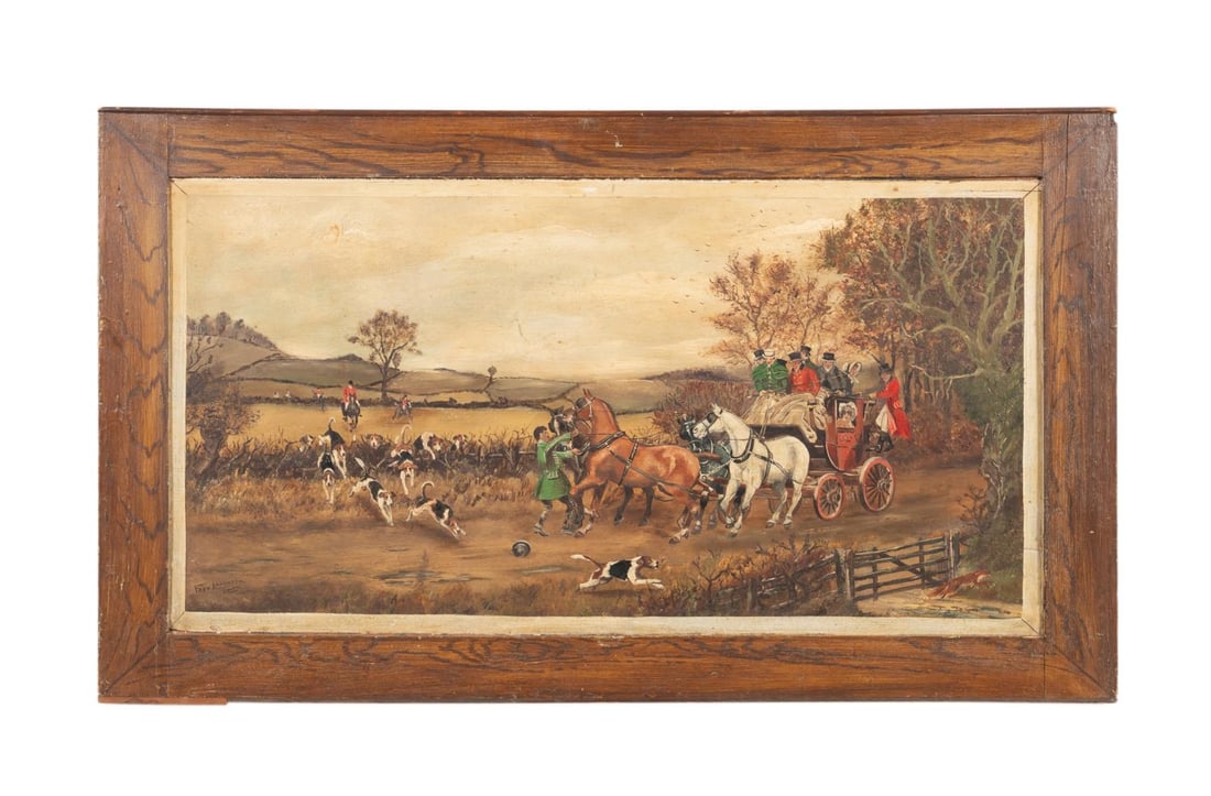 FRED LAUGHTON HUNT SCENE OIL ON CANVAS: Fred Laughton (British, 19th/20th century). Untitled - Louth, Lincolnshire, East Midlands Hunt Scene, oil on canvas laid to board, signed 'Fred Laughton, Louth' to LL. Framed. Provenance: Private Coll