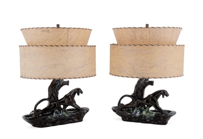 PAIR, MCM BLACK PANTHER LAMPS & PERIOD SHADES