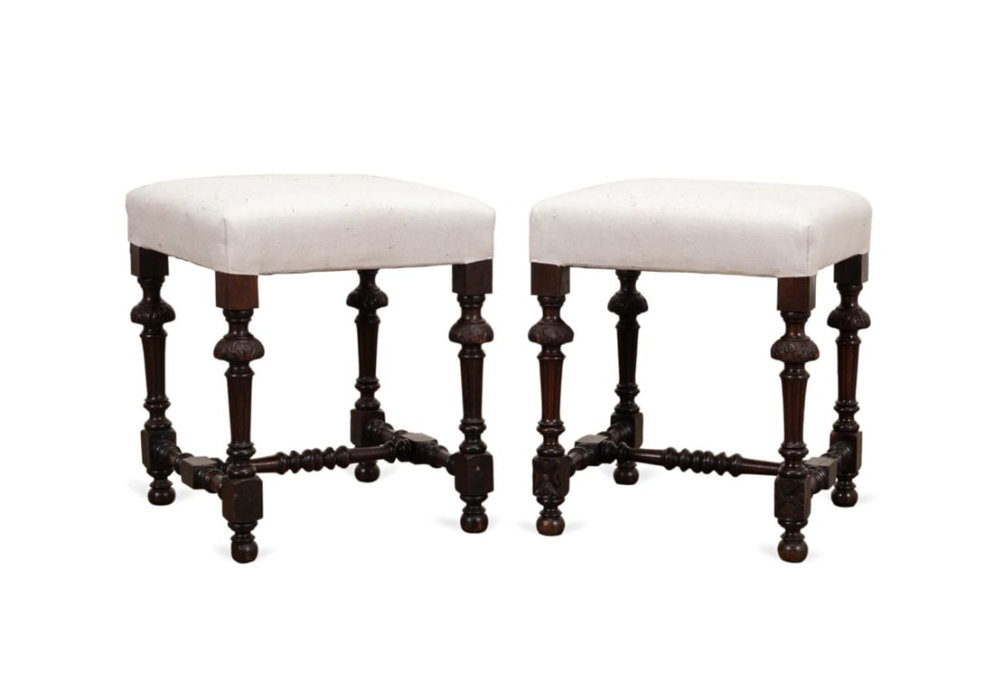 PAIR, WILLIAM & MARY STYLE UPHOLSTERED FOOT STOOLS (1 of 6)