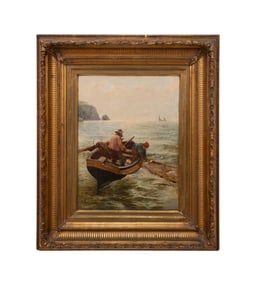 JAMES W. GOZZARD, BOAT SCENE, OIL ON CANVAS