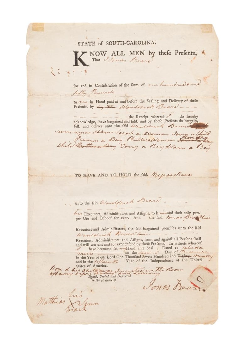 ANTEBELLUM SLAVE TRADE DOCUMENT FROM S. CAROLINA (1 of 6)