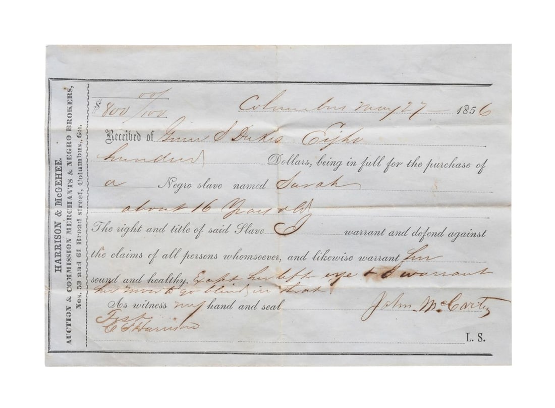 1856 GEORGIA SLAVE BROKERS BILL OF SALE (1 of 4)