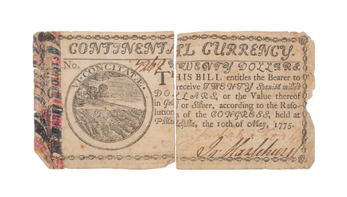 1775 20 DOLLAR MARBLED EDGE CONTINENTAL CURRENCY