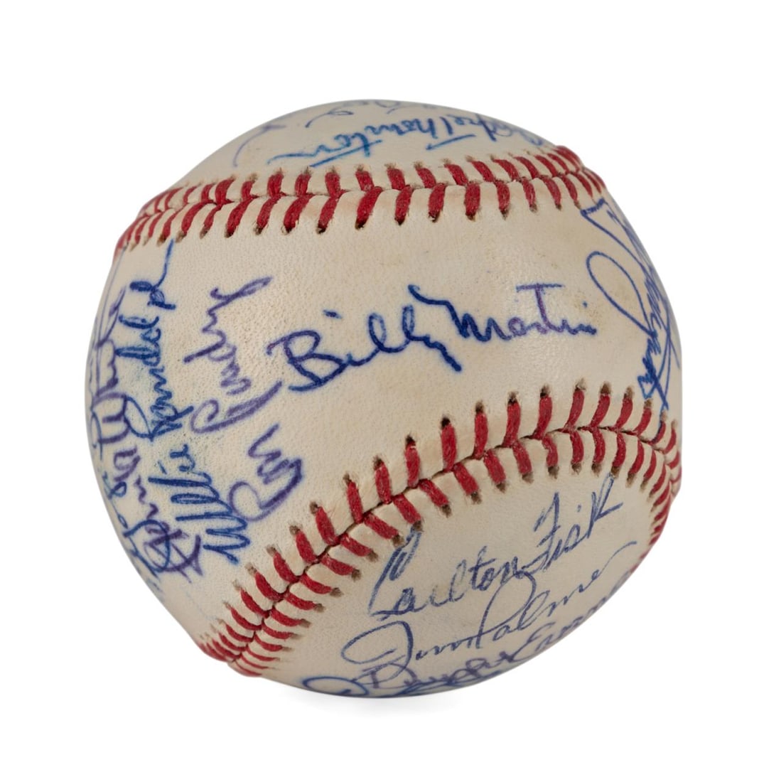 BASEBALL, 27 SIGNATURES INCL.13 FROM HALL OF FAME: American, 20th century. Multi signed Lee MacPhail period American League baseball with 27 total signatures, 13 being members of the Hall of Fame, starting with Billy Martin on the sweet spot and inclu