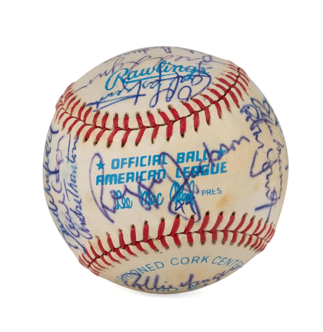 BASEBALL, 27 SIGNATURES INCL. 13 FROM HALL OF FAME: American, 20th century. Multi signed Lee MacPhail period American League baseball with 27 total signatures, 13 being members of the Hall of Fame, starting with Billy Martin on the sweet spot and inclu