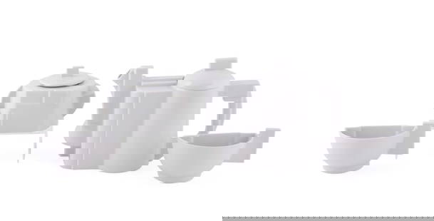 4 PIECE PORCELAIN TEA SET, AFTER KAZIMIR MALEVICH: After Kazimir Malevich (Ukrainian / Russian, 1879-1935) for the Lomonosov Porcelain Factory (Russian (originally the Imperial Porcelain Factory), founded 1744), 1923 and later. Assembled four piece wh