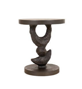 TOM CORBIN BRONZE 'CRESCENT' PEDESTAL TABLE, 1991: Tom Corbin (American, born 1954), 1991. Bronze "Crescent" table, having a natural patina, circular top and base, and curving pedestal, signed and dated to the underside of the top. Approximate dimensi