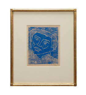 MILTON AVERY, BLUE 'HEAD' ARTIST'S PROOF WOODCUT: Milton Clark Avery (American, 1885-1965). "Head" - 1955, color woodcut on Japon paper, pencil signed and dated to LR, numbered "Artists Proof" to LL. Framed. Provenance: Private Collection, Atlanta, G