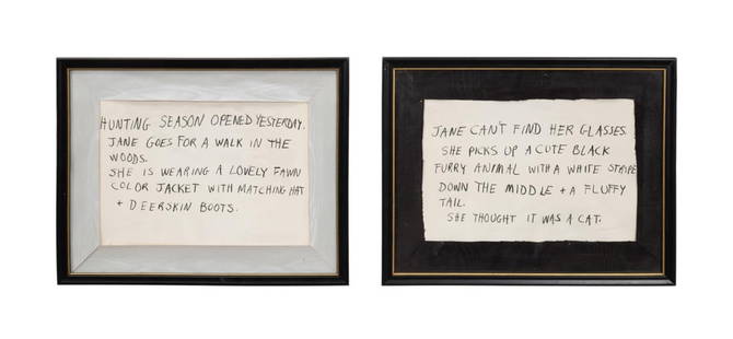 KAREN KILIMNIK, 2 'JANE/CREEP' DRAWING SERIES 1990: Karen Kilimnik (American, born 1955). "Jane/Creep Drawing, (Skunk)" - 1990, crayon on paper, apparently unsigned, gallery label to verso for 303 Gallery, New York, NY. "Jane/Creep Drawing, (Hunting Se