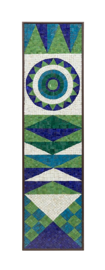 ACKERMAN GEOMETRIC GLASS MOSAIC PANEL, C. 1958: Jerome (American, 1920-2019) and Evelyn Ackerman (American, 1924-2012). Untitled - Geometric Mosaic - circa 1958 - glass on cement board, apparently unsigned. Framed. Approximate dimensions: sight 47.