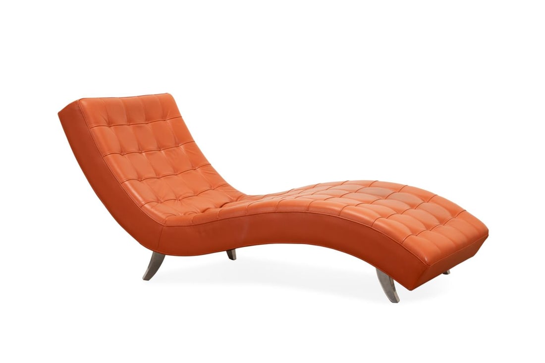 ROCHE BOBOIS 'DOLCE' ORANGE LEATHER CHAISE: Roche Bobois (French, founded 1960). "Dolce" burnt orange leather lounge chair or chaise, having aluminum legs, apparently unmarked. Provenance: Private Collection, Atlanta, GA. Approximate dimensions