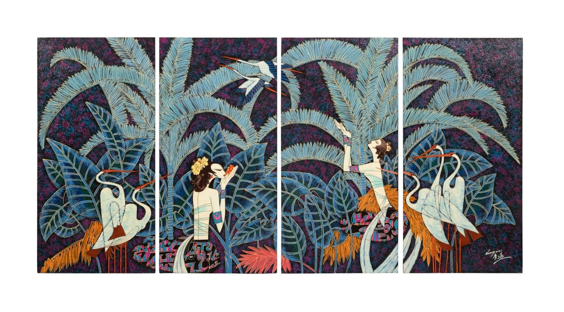 HUANG ZIXI, LARGE TROPICAL QUADRIPTYCH PAINTING (1 of 10)