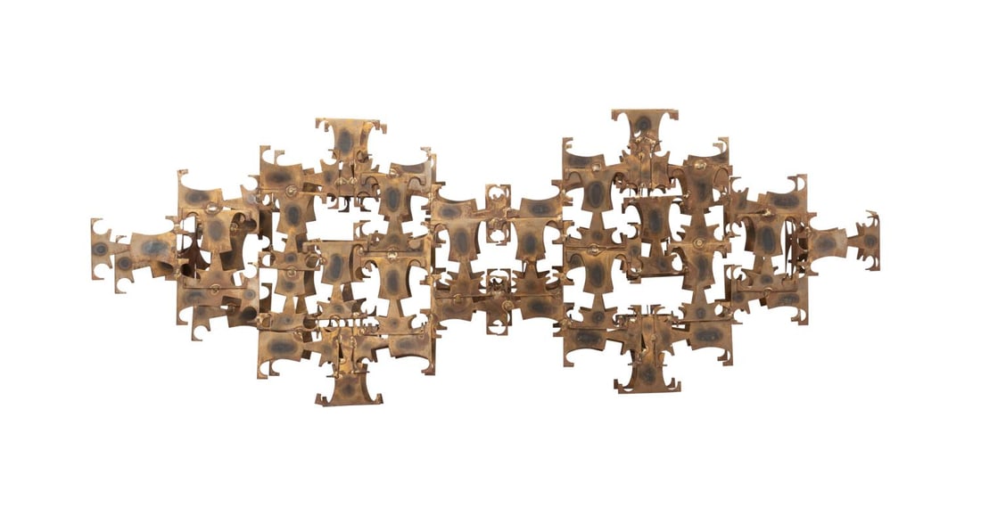 MARC CREATES BRUTALIST METAL WALL SCULPTURE: Marc Creates Inc. (American, founded 1967), late 20th to early 21st century. Patinated metal Brutalist wall sculpture, label to the back. Provenance: Private Collection, Daytona Beach, FL. Approximate