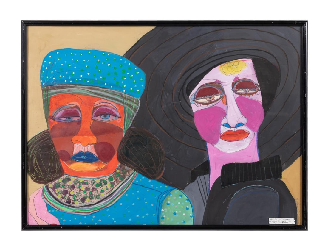 ROBBIE TILLOTSON 'SISTERS' FIGURAL MM/P 1974: Robbie Tillotson (American / North Carolina 1949-1987). 'Sisters'- 1974, acrylic and mixed media on paper, signed and dated to LR. Framed. Provenance: From the Private Collection of Bruce Anderson, Wi