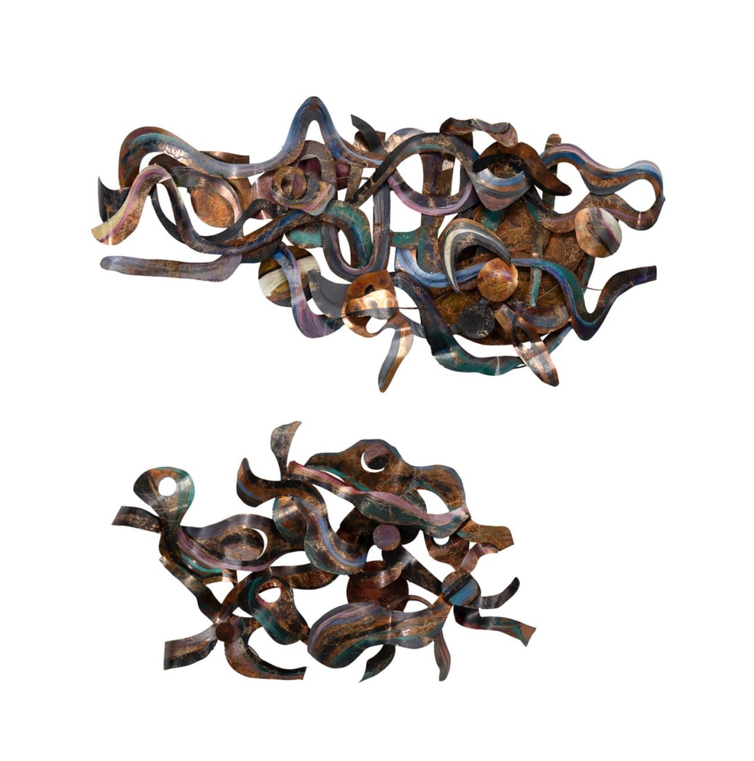 TWO LARGE MODERN PAINTED COPPER WALL SCULPTURES (1 of 6)